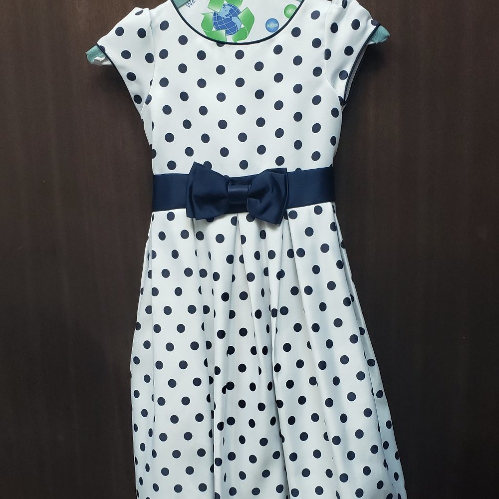 White and Navy polka dot dress. By Dorissa Size 6 Girls